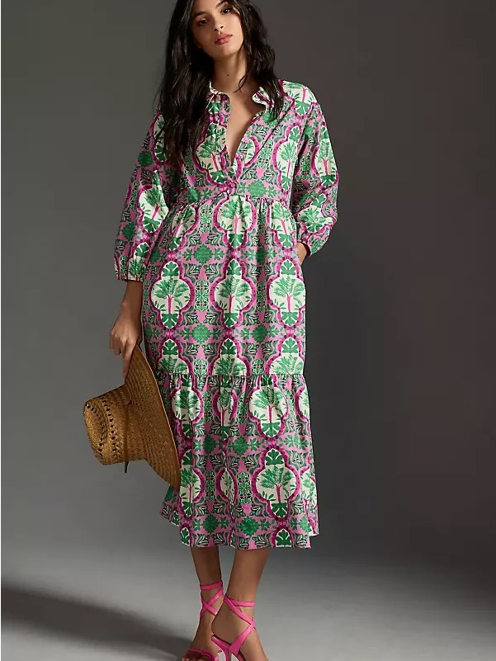 Anthropologie Pink and Green Bettina Midi Dress